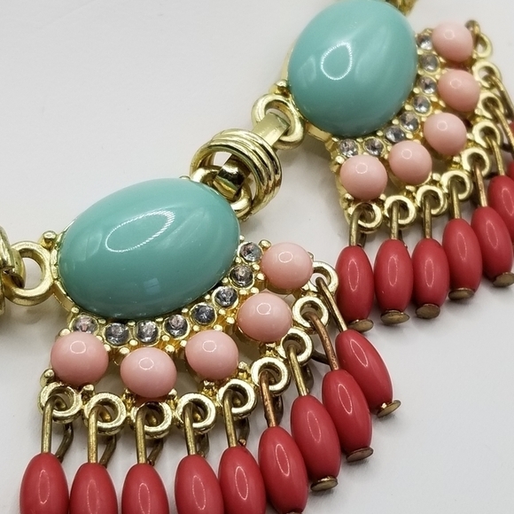 J Crew Beaded Statement Necklace Fan Colorful Multicolor Gold Tone Fringe Dangle - Picture 10 of 11